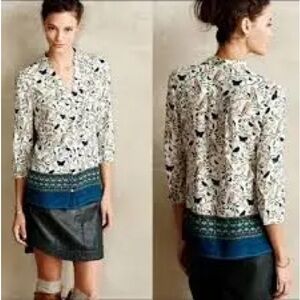 Anthropologie Maeve Woodland Walk Owl Butterfly Print Button-down Blouse